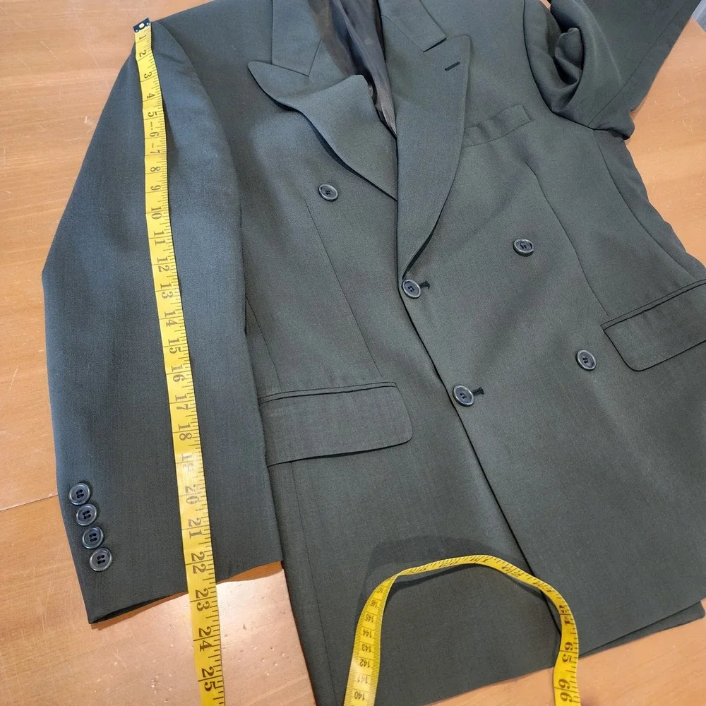 Joseph & Feiss Mens 36S 32x30 2pc Double Breasted Wool Suit Olive Green Business